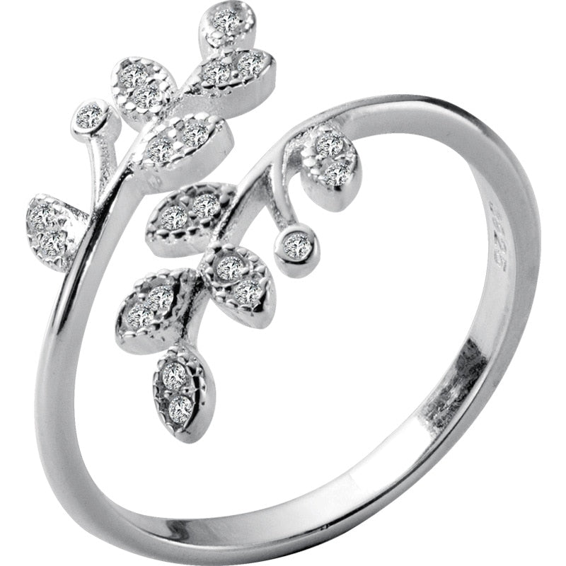 Sterling Silver Crystal Leaf Rings For Women Wedding Jewelry Adjustable Antique Finger Ring