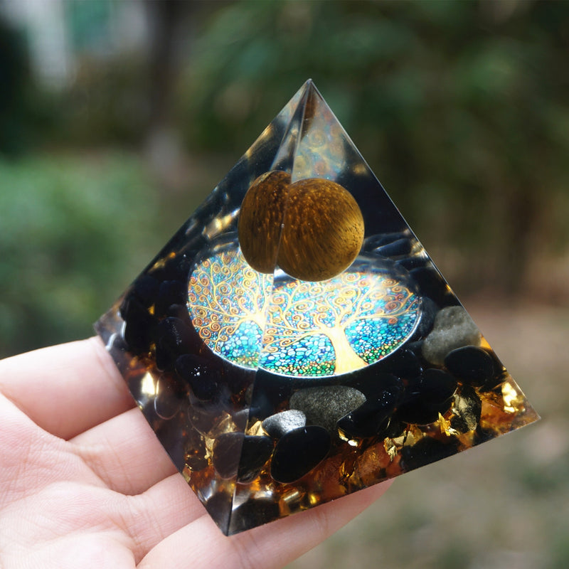 HANDMADE Tiger Eye Crystal Sphere & Obsidian Quartz Orgone Pyramid 60MM Reiki Energy Healing Chakra Meditation