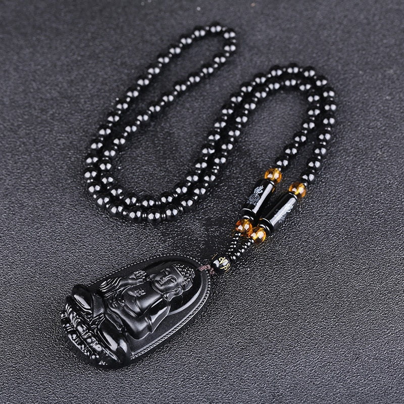 Amitabha Black Obsidian Carved Buddha Lucky Amulet Pendant