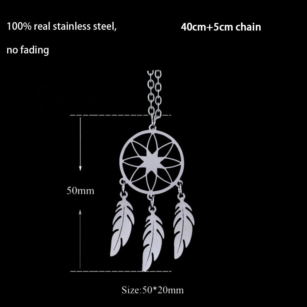 Bohemian Ethnic Feather Yoga Alloy Stainless Steel Dreamcatcher Necklace