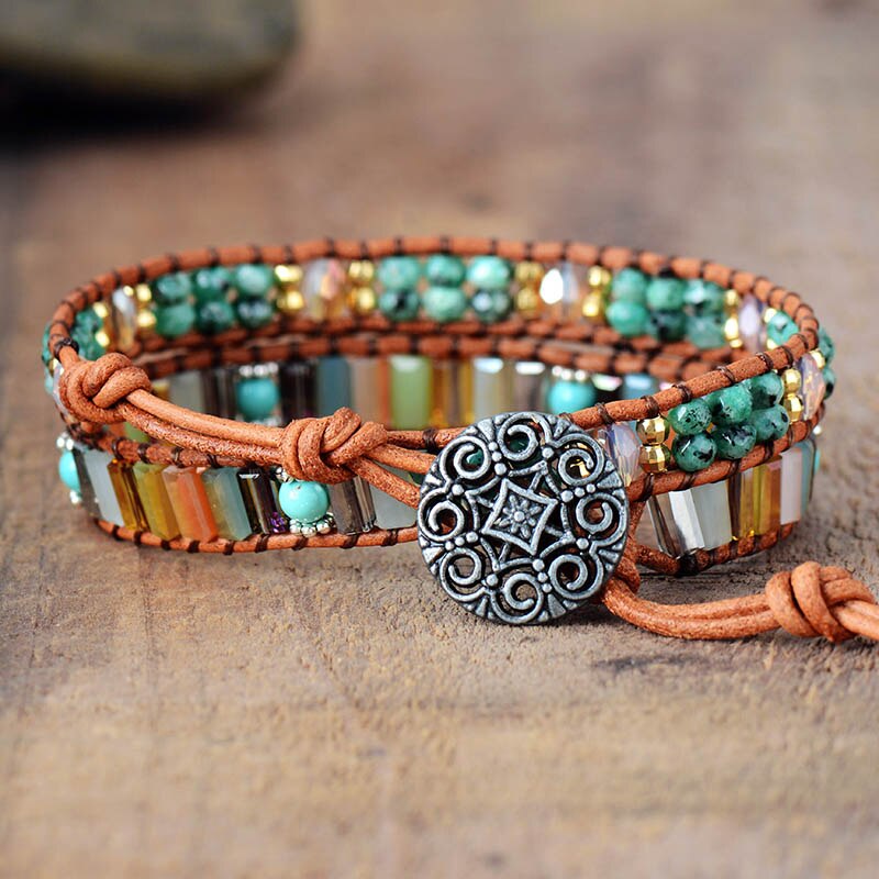 Femme Semi precious Stone 7 Color Crystals Leather Wrap Bracelet