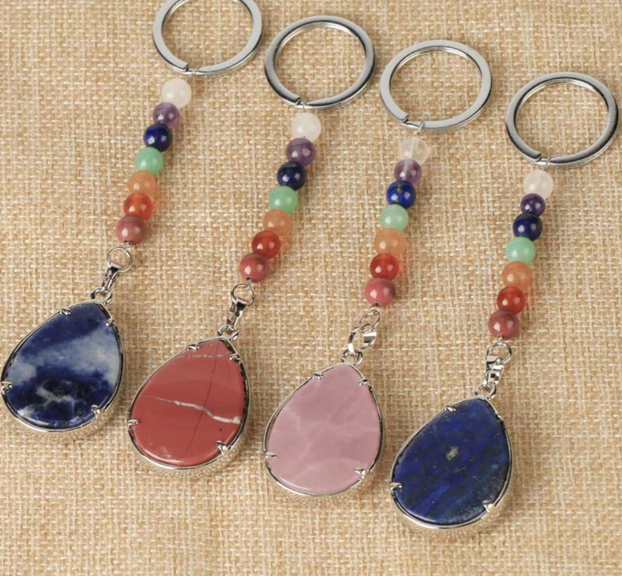 Tree of Life Keychain 7 Chakra Water Drop Natural Stone Key Holder