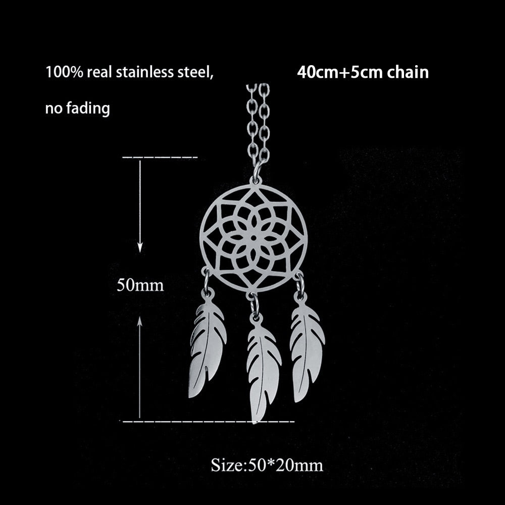 Bohemian Ethnic Feather Yoga Alloy Stainless Steel Dreamcatcher Necklace