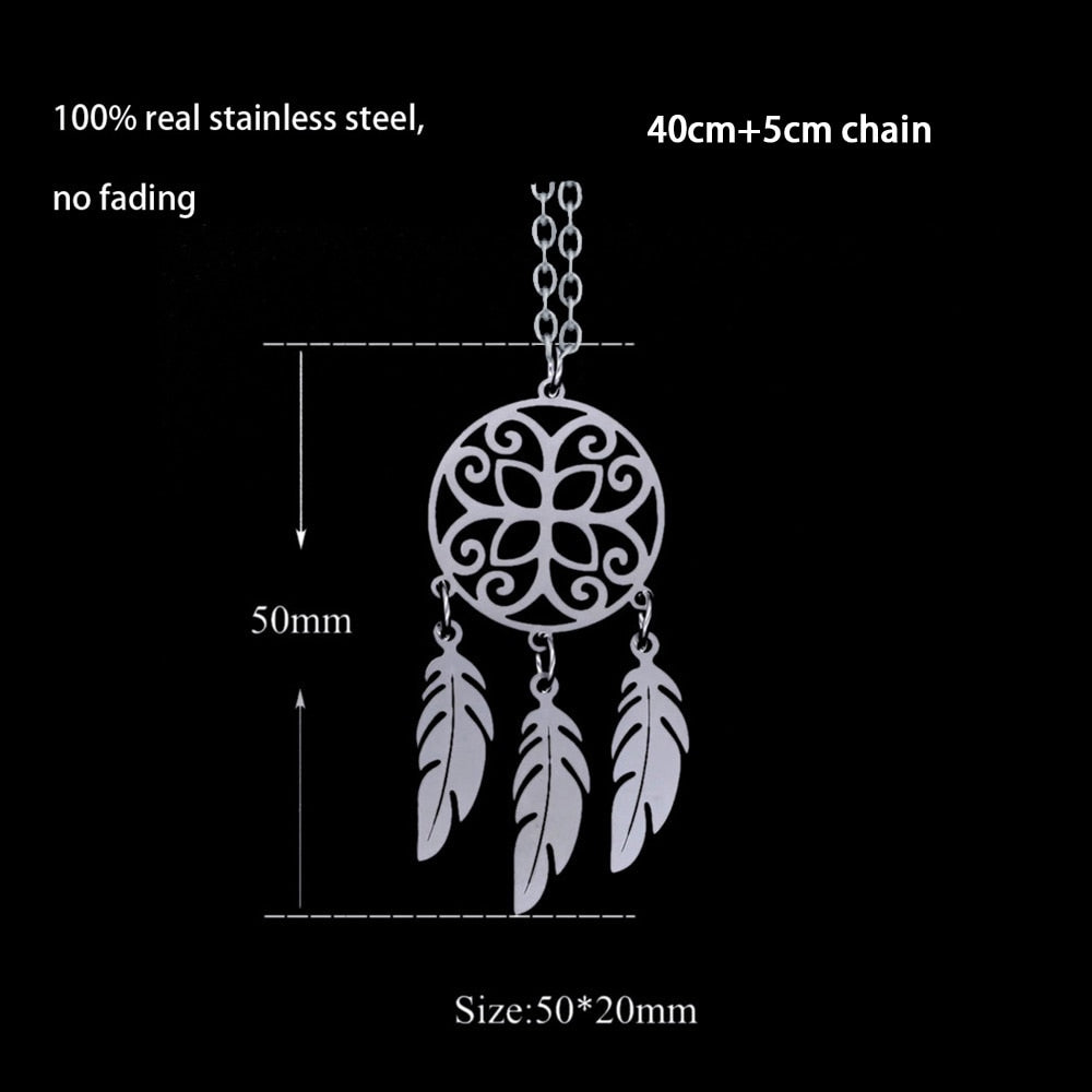 Bohemian Ethnic Feather Yoga Alloy Stainless Steel Dreamcatcher Necklace