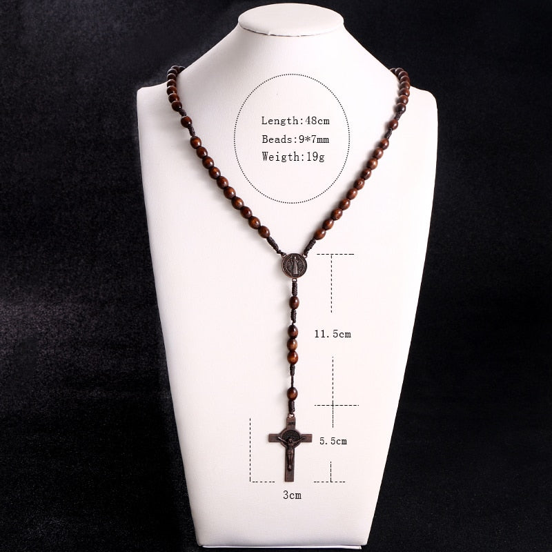 Rosary Bead Cross Pendant Woven Rope Chain Necklace