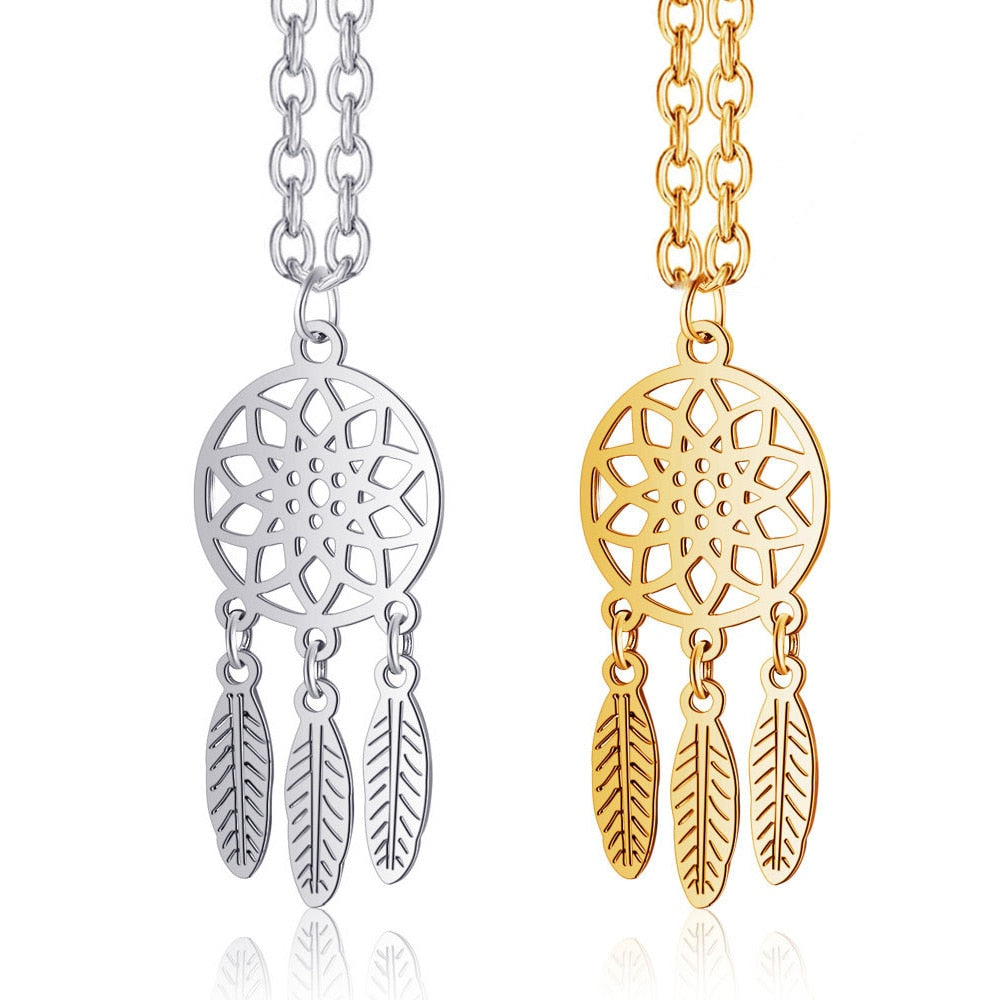 Bohemian Ethnic Feather Yoga Alloy Stainless Steel Dreamcatcher Necklace
