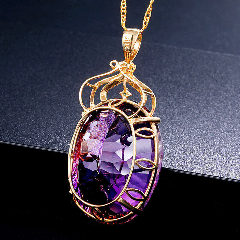 Amethyst Color Oval Crystal Pendant Necklace