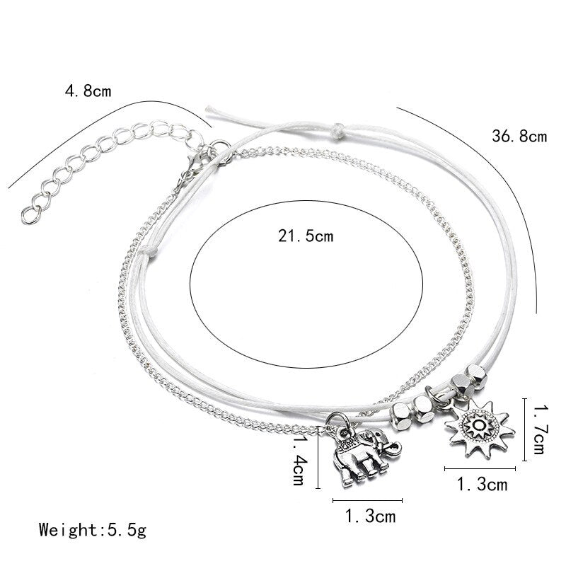 Elephant Sun Pendant Charms Rope Chain Ankle Bracelet