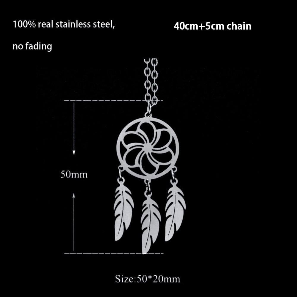 Bohemian Ethnic Feather Yoga Alloy Stainless Steel Dreamcatcher Necklace
