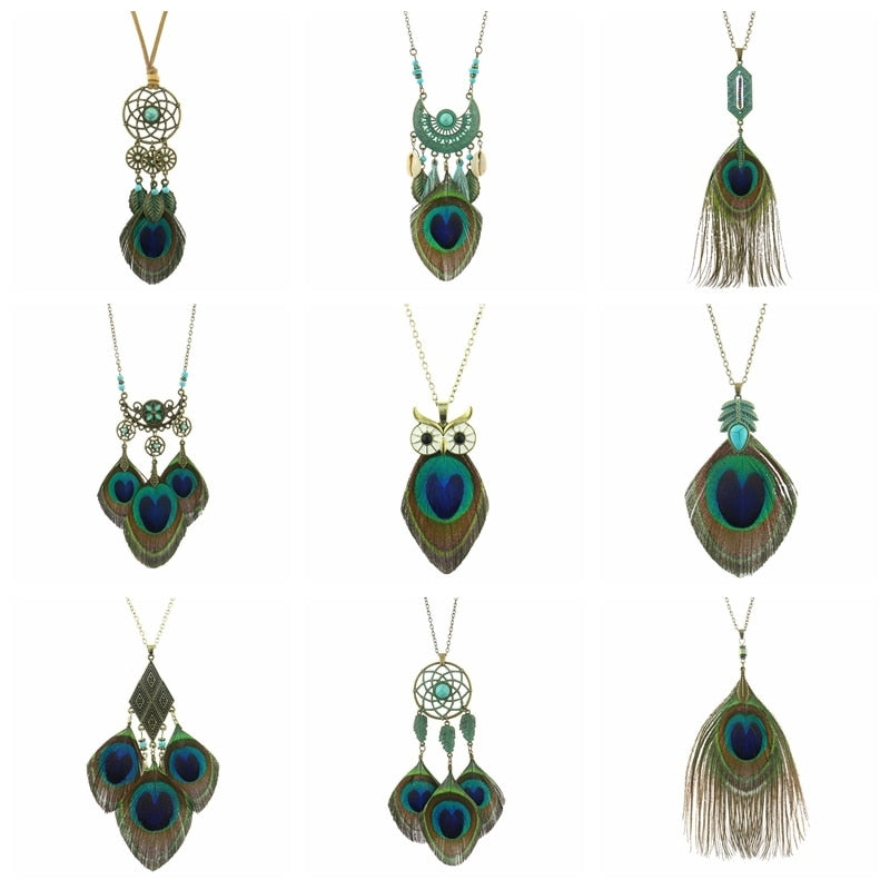 Ethnic Long Chain Peacock Feather Pendant