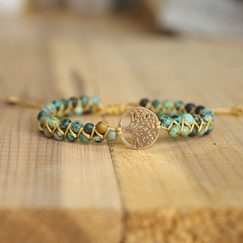 Natural Stone Boho Yoga Wrap Bangle Tree of Life Bracelet