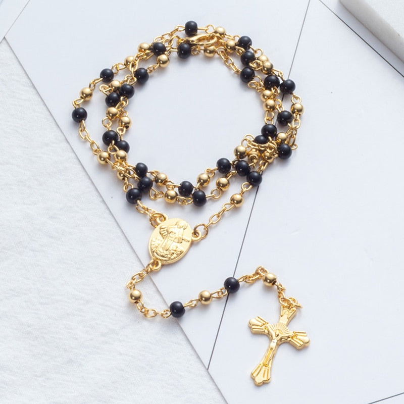 Rosary Necklace Jesus Christ Cross Pendant Necklaces Alloy Bead Long Chain Mens Women