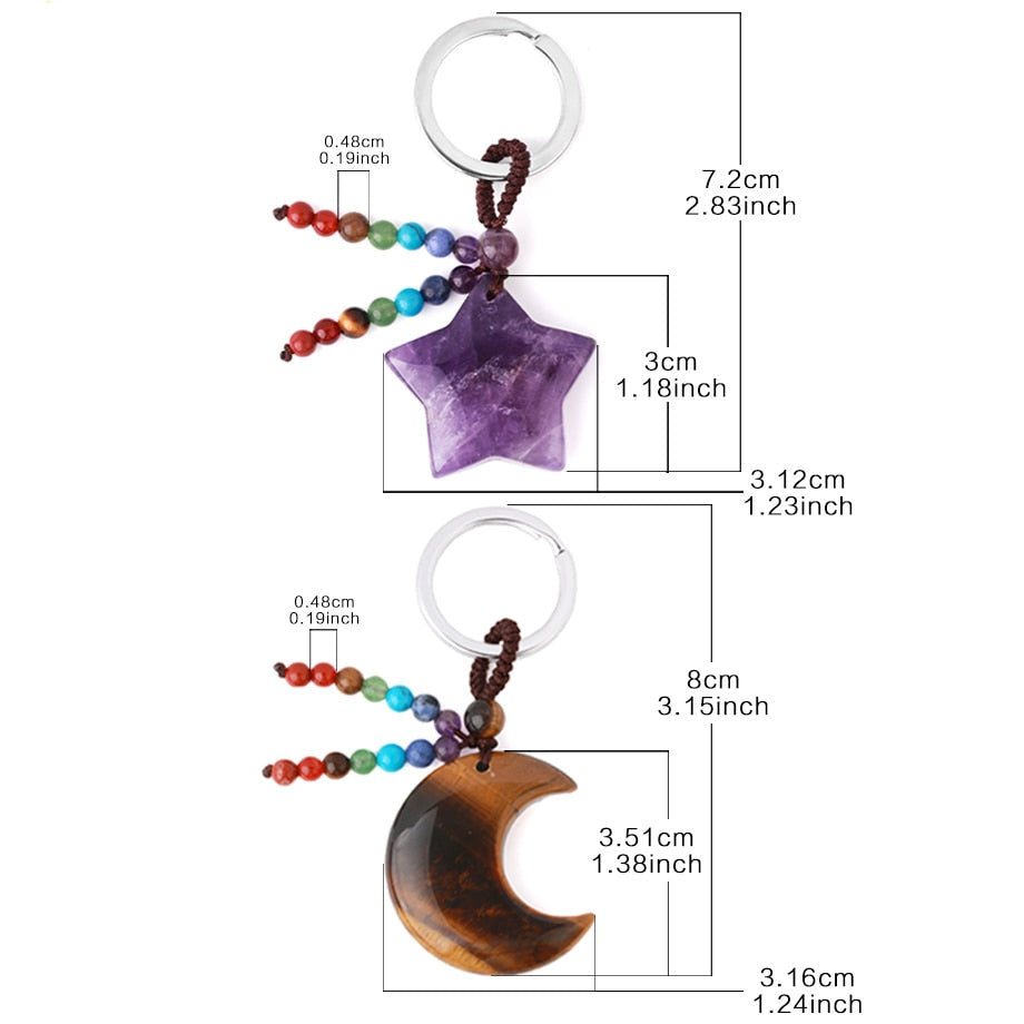 Natural Stone 7 Chakra Keychain Healing Moon Star