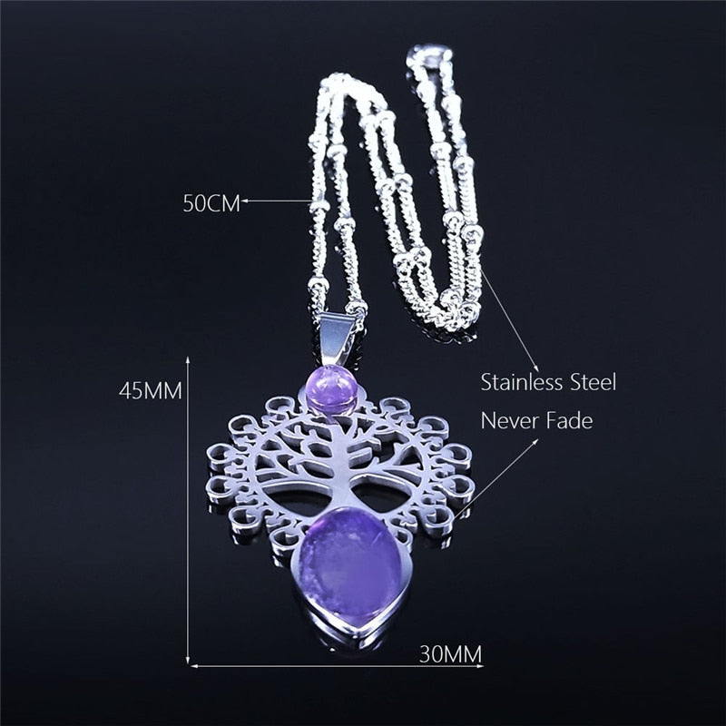 Bohemia Tree of Life Stainless Steel Purple Crystal Necklace