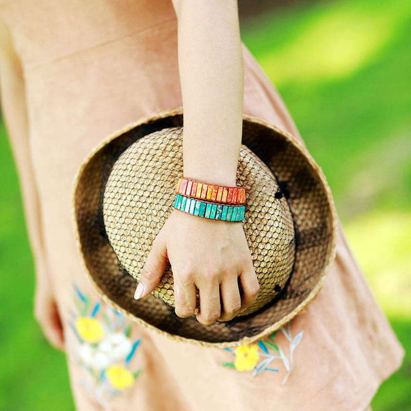 Tube Natural Stone Beaded Single Leather Wrap 