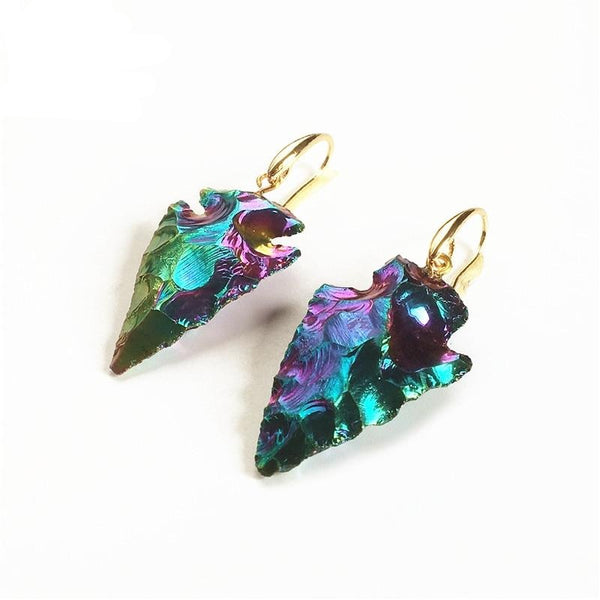 Female Elegant Colorful Raw Tourmaline Arrowhead Earrings