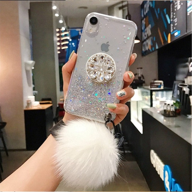 Crystal holder Stand+Fur Ball+Strap Phone case For iPhone