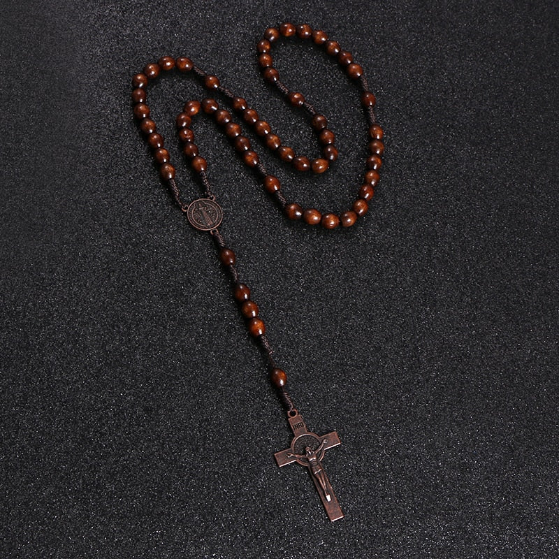 Rosary Bead Cross Pendant Woven Rope Chain Necklace