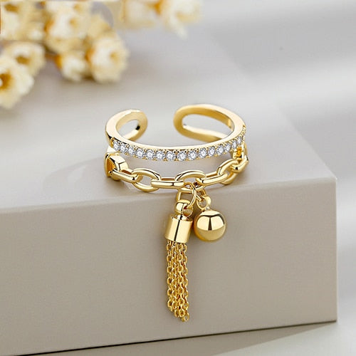 Link Chain Tassel  Zirconia Charm Finger Ring