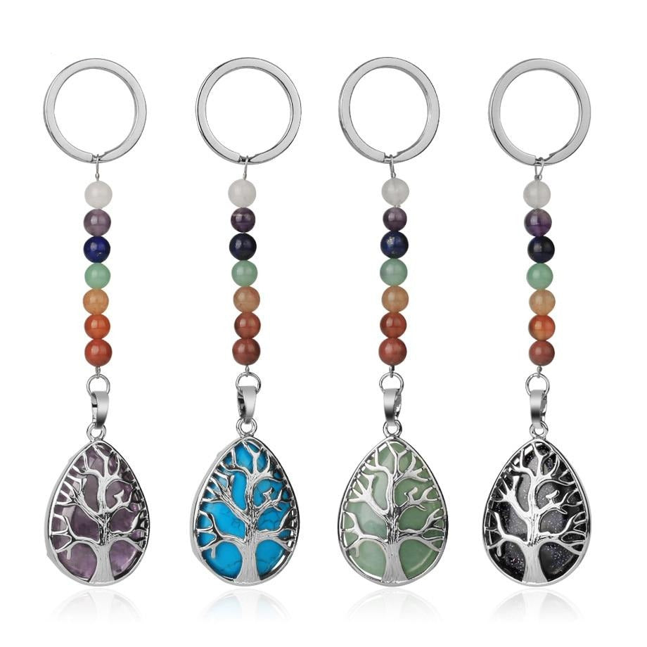 Tree of Life Keychain 7 Chakra Water Drop Natural Stone Key Holder