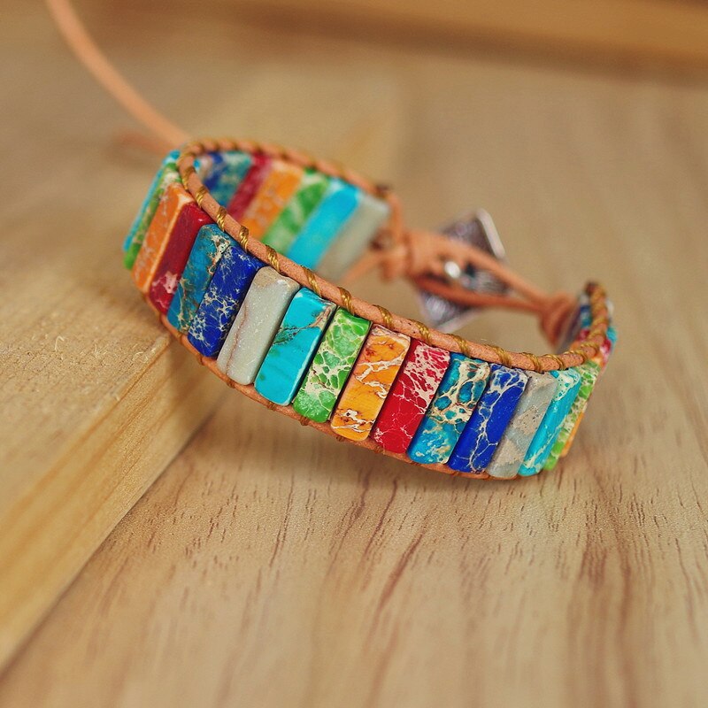 Multi Color Chakra Tube Beads Leather Wrap Bracelet 