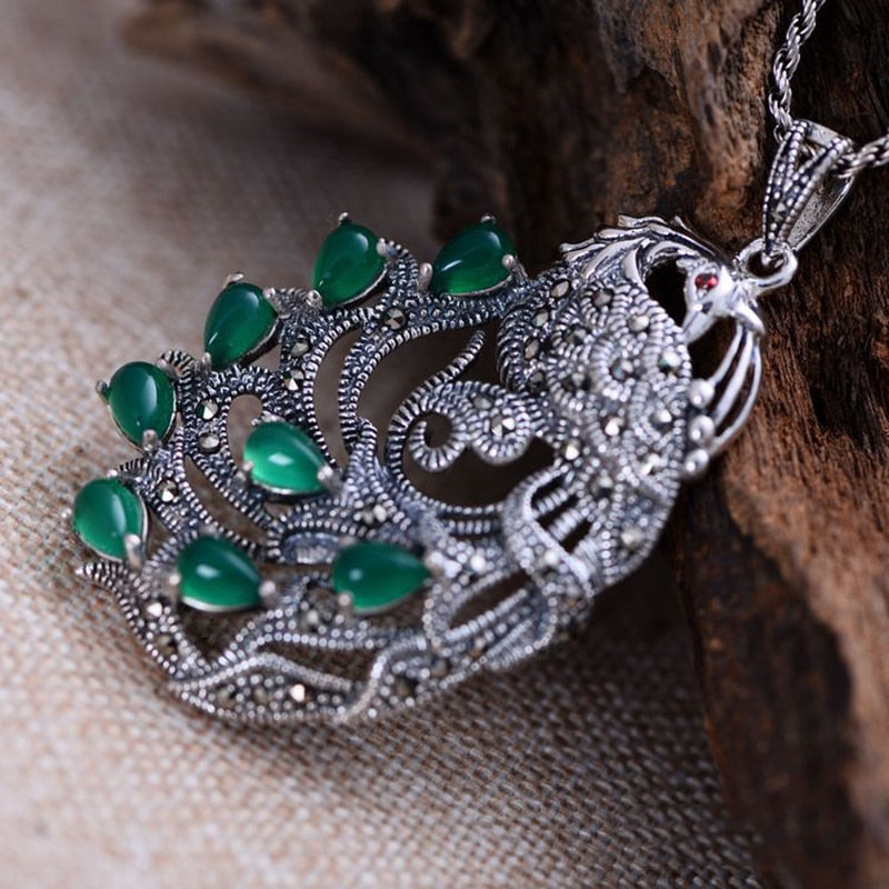 925 Sterling Silver Peacock Natural Gemstone Pendants