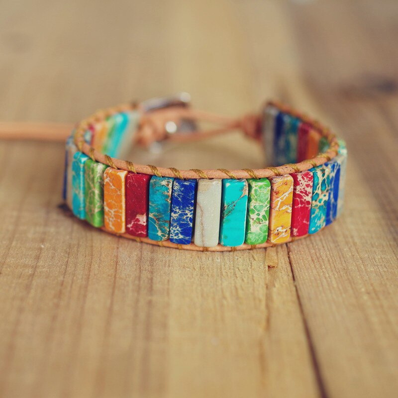 Multi Color Chakra Tube Beads Leather Wrap Bracelet 
