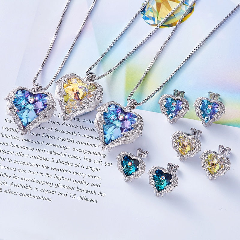 Women Necklace Earrings Jewelry Set With Crystals Women Heart Pendant Stud Fashion