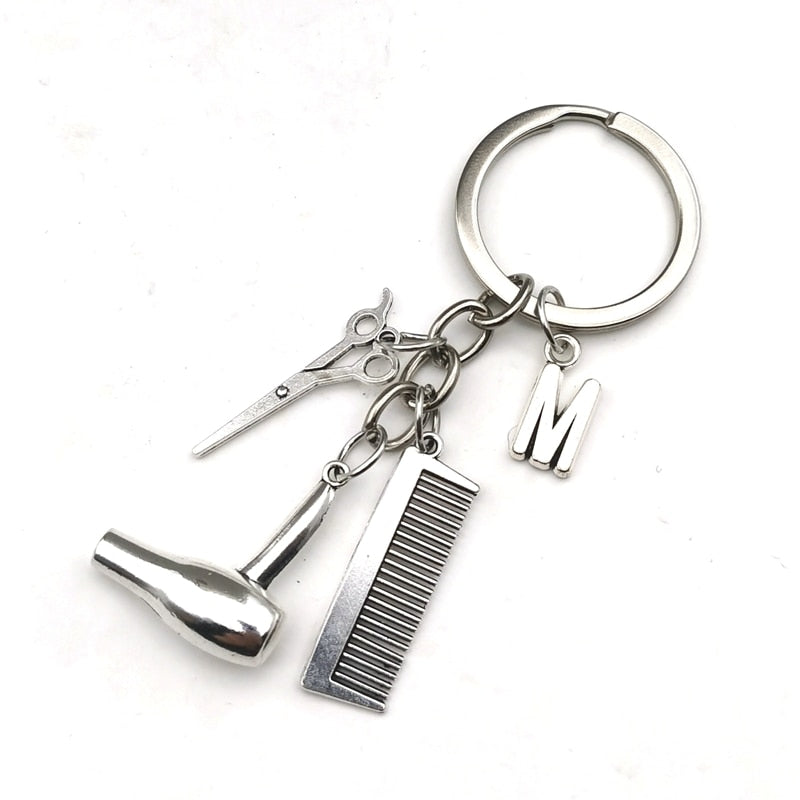 Hair dryer scissors comb Decorative Keychains Hairdressers Gift Key Rings Hair Dryer Alphabet Keyring