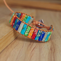 Multi Color Chakra Tube Beads Leather Wrap Bracelet 