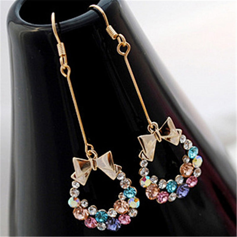 Luxury Gold Color Colorful Crystal Bow Stud Earrings
