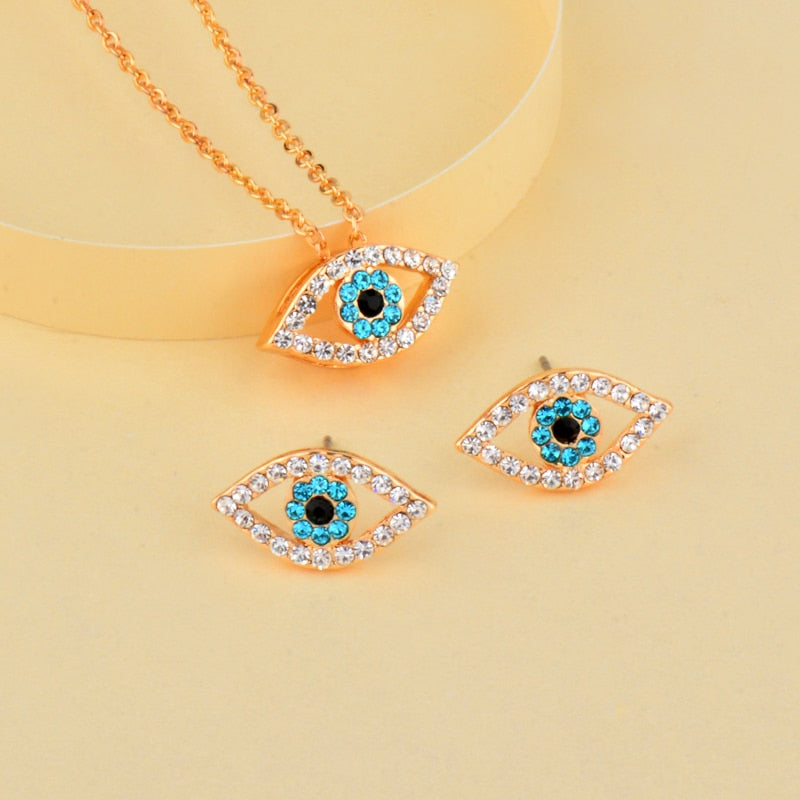 Blue Rhinestone Eye Necklace Earring