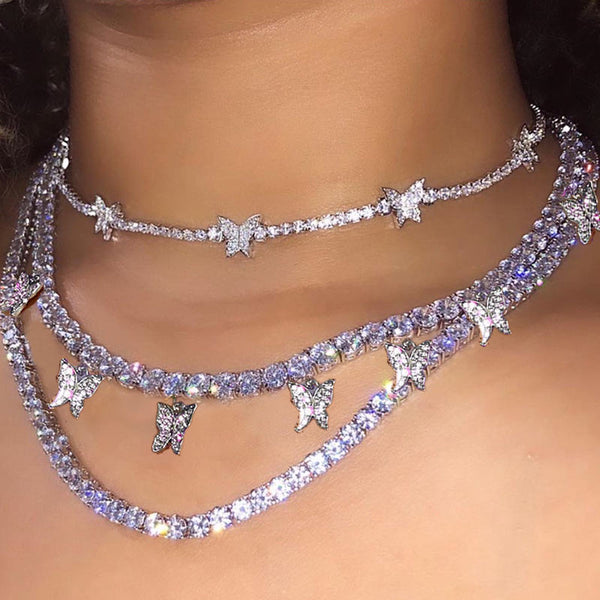 Trendy cute Iced Out Butterfly Choker Necklaces