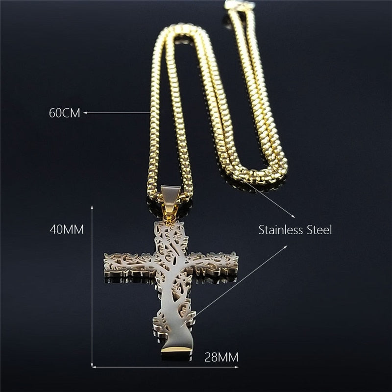 Cross Tree of Life Stainless Steel Chain Necklaces