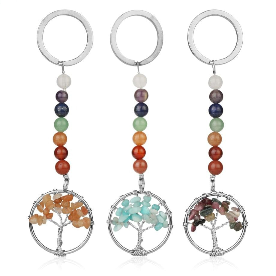 Natural Stone 7 Chakra Reiki Tree of Life Keychain