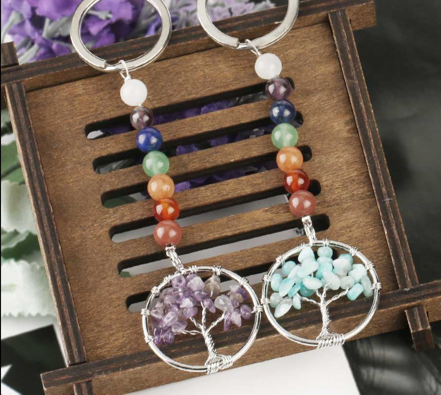 Natural Stone 7 Chakra Reiki Tree of Life Keychain