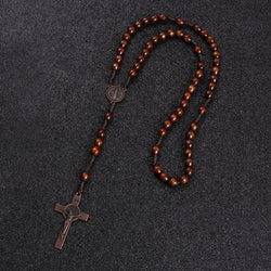 Rosary Bead Cross Pendant Woven Rope Chain Necklace