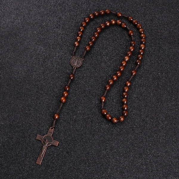 Rosary Bead Cross Pendant Woven Rope Chain Necklace