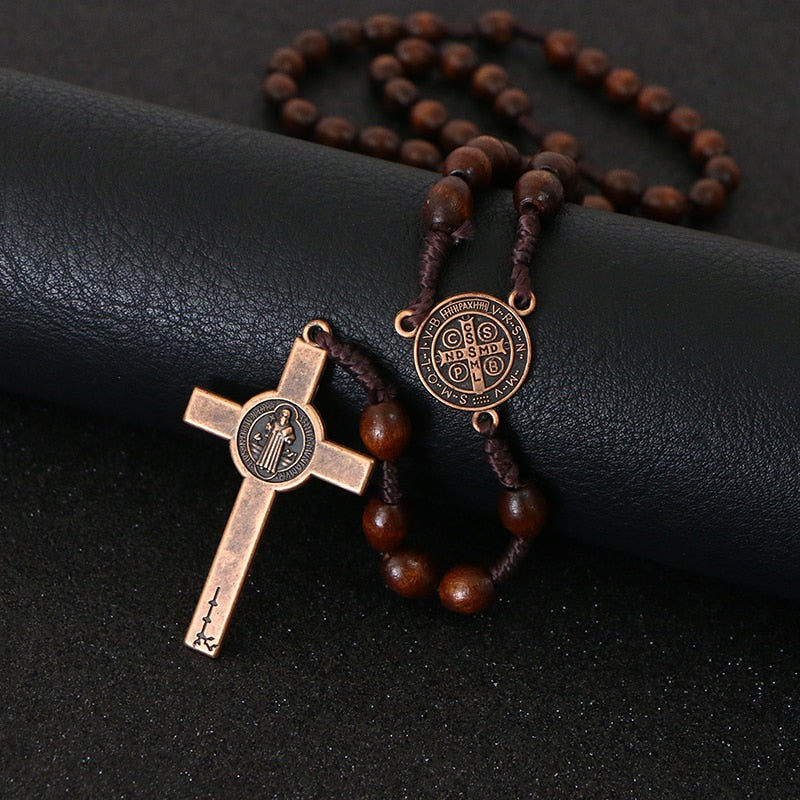 Rosary Bead Cross Pendant Woven Rope Chain Necklace