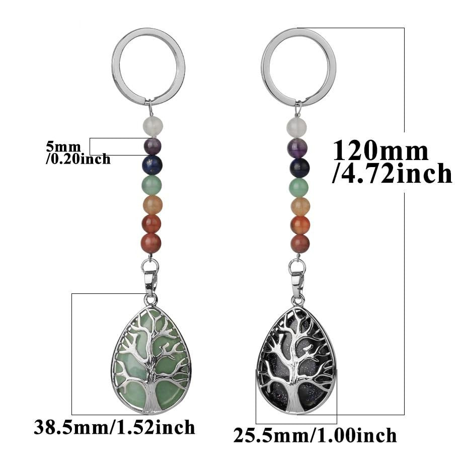 Tree of Life Keychain 7 Chakra Water Drop Natural Stone Key Holder
