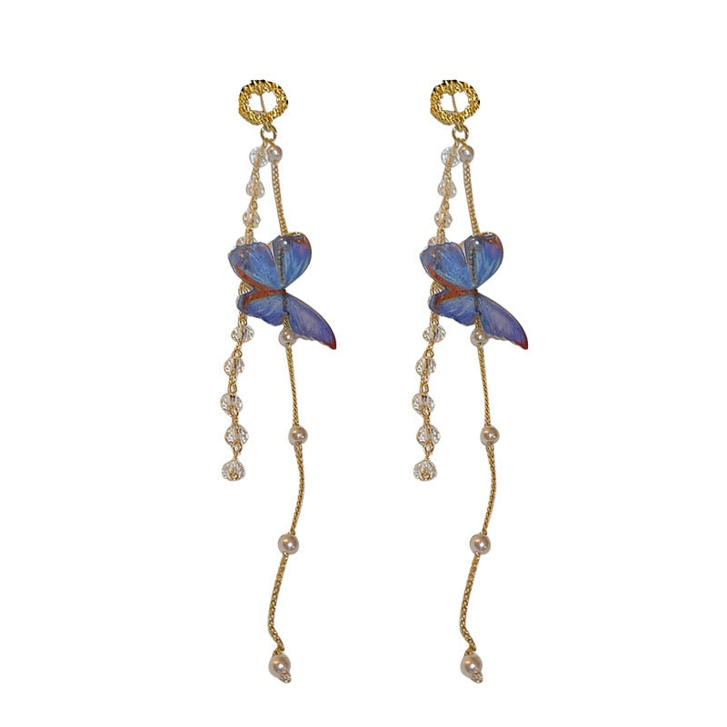 Pearl Crystal Butterfly Tassel Fairy Earrings