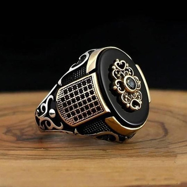 Classic Men's Ring Fashion 18k Gold Filling Inlaid Black Stone Zircon Punk Rings