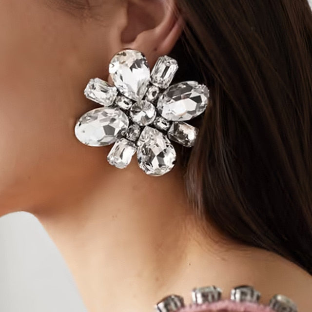 Exaggerated Crystal Geometric Flower Stud Earrings
