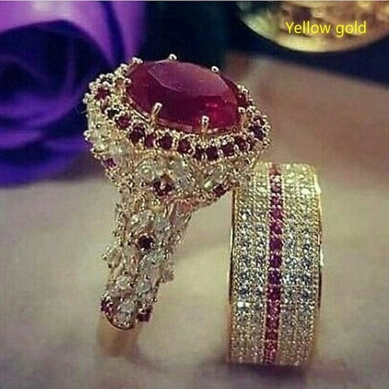 Elegant Gold Color Zircon Red Crystal Ring
