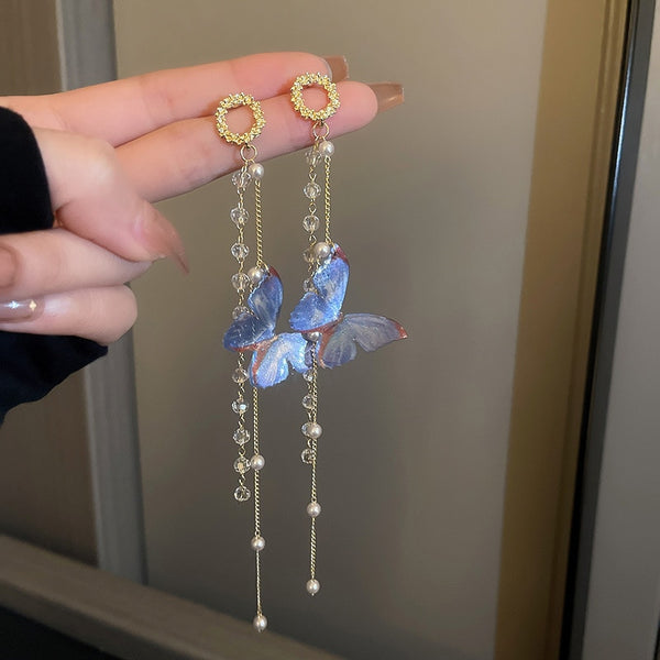 Pearl Crystal Butterfly Tassel Fairy Earrings