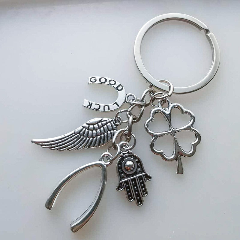 Hand Fatima Wings Clover Good Luck Keyring