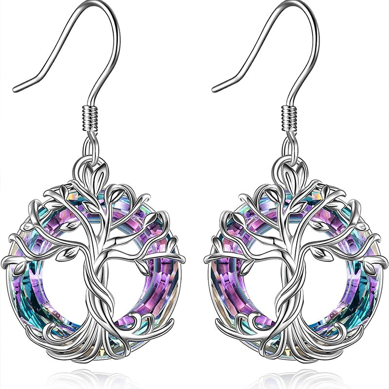 Tree of Life with Purple Crystal Drop Earrings