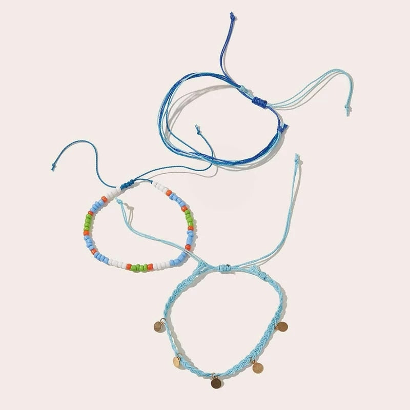 Boho Handmade Shell Seed Beads Anklet Set