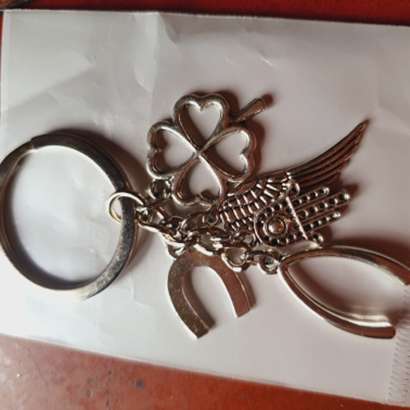 Hand Fatima Wings Clover Good Luck Keyring