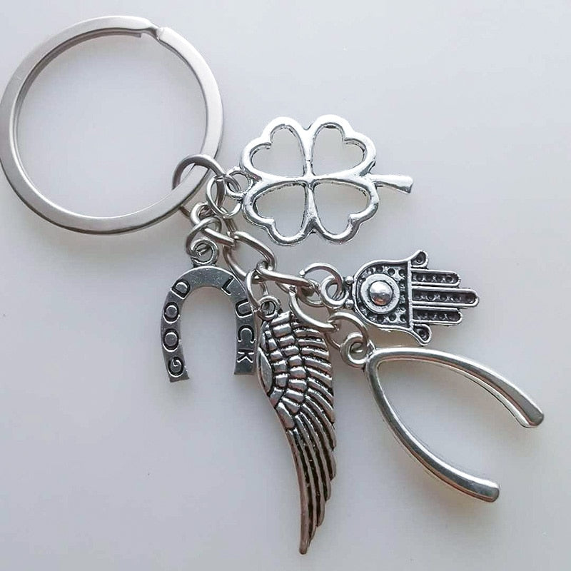Hand Fatima Wings Clover Good Luck Keyring